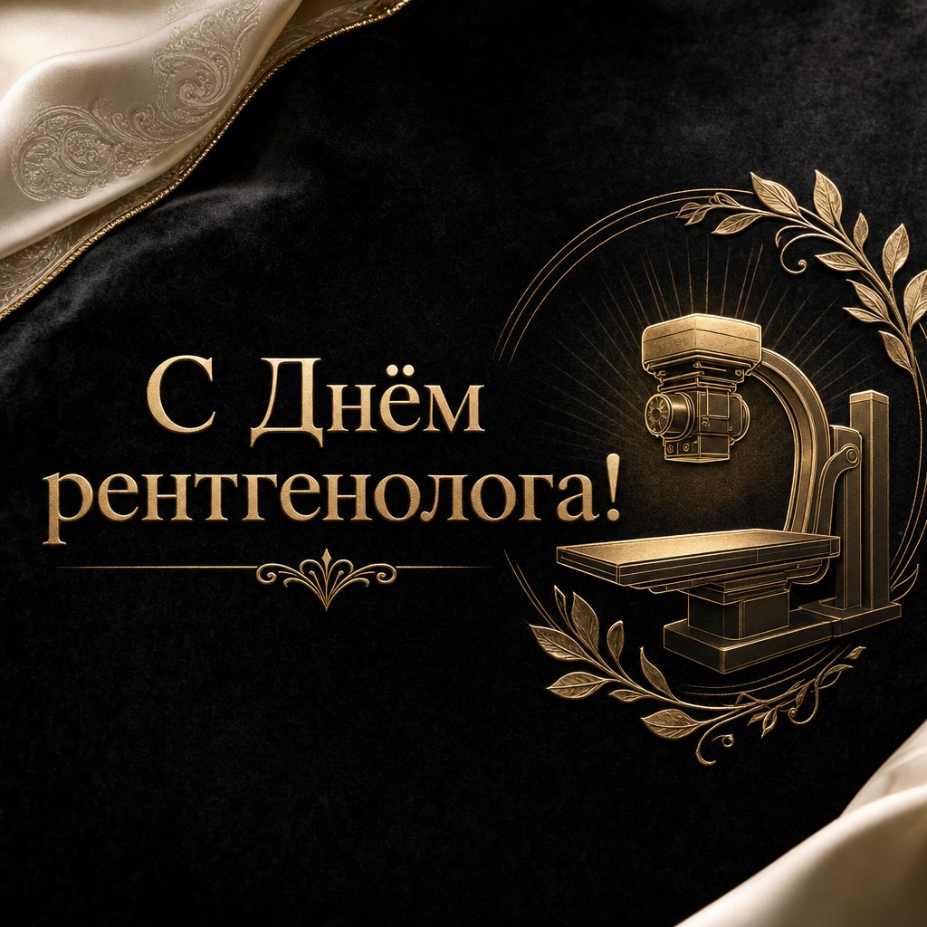 Премиальная открытка на День рентгенолога с золотой эмблемой и силуэтом рентген-аппарата.