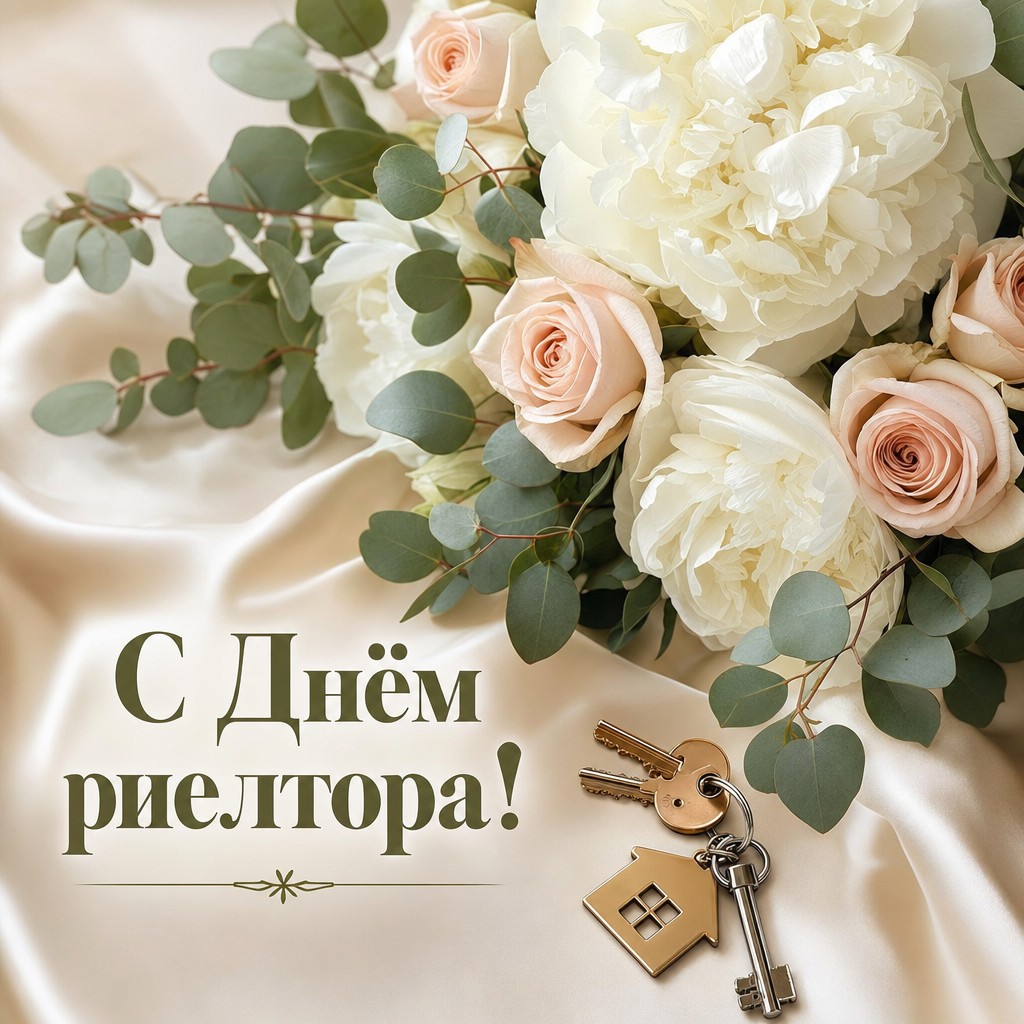 Нежная открытка на День риелтора с реалистичным букетом пионов, эвкалиптом и ключами от дома.