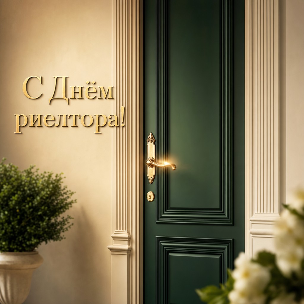 Стильная открытка на День риелтора с изумрудной дверью, латунной ручкой и премиальным оформлением.