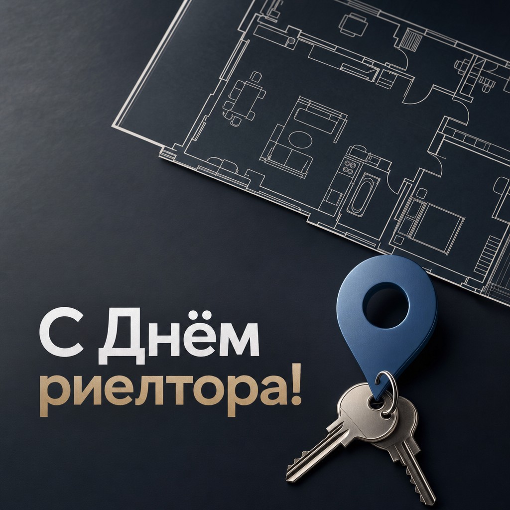 Современная открытка на День риелтора с архитектурным планом, ключами и лаконичной графикой.