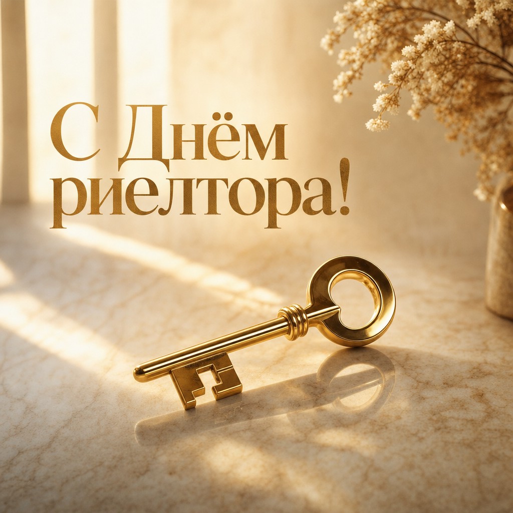 Премиальная открытка на День риелтора с золотым ключом, тёплым светом и лаконичным праздничным настроением.