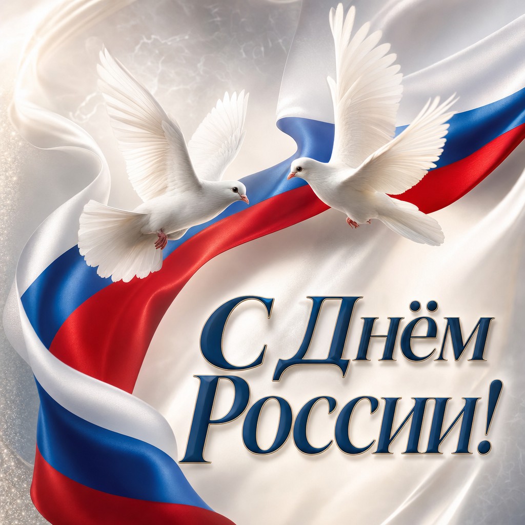 Премиальная открытка ко Дню России с белыми голубями, шёлковой лентой и мягким серебристым сиянием.