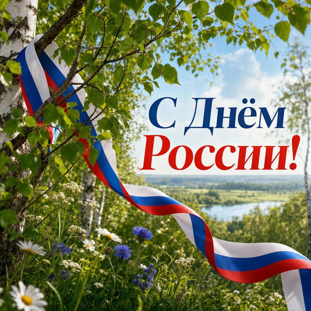 Свежая открытка ко Дню России с берёзовой рощей, летними цветами и лёгкой лентой триколора.