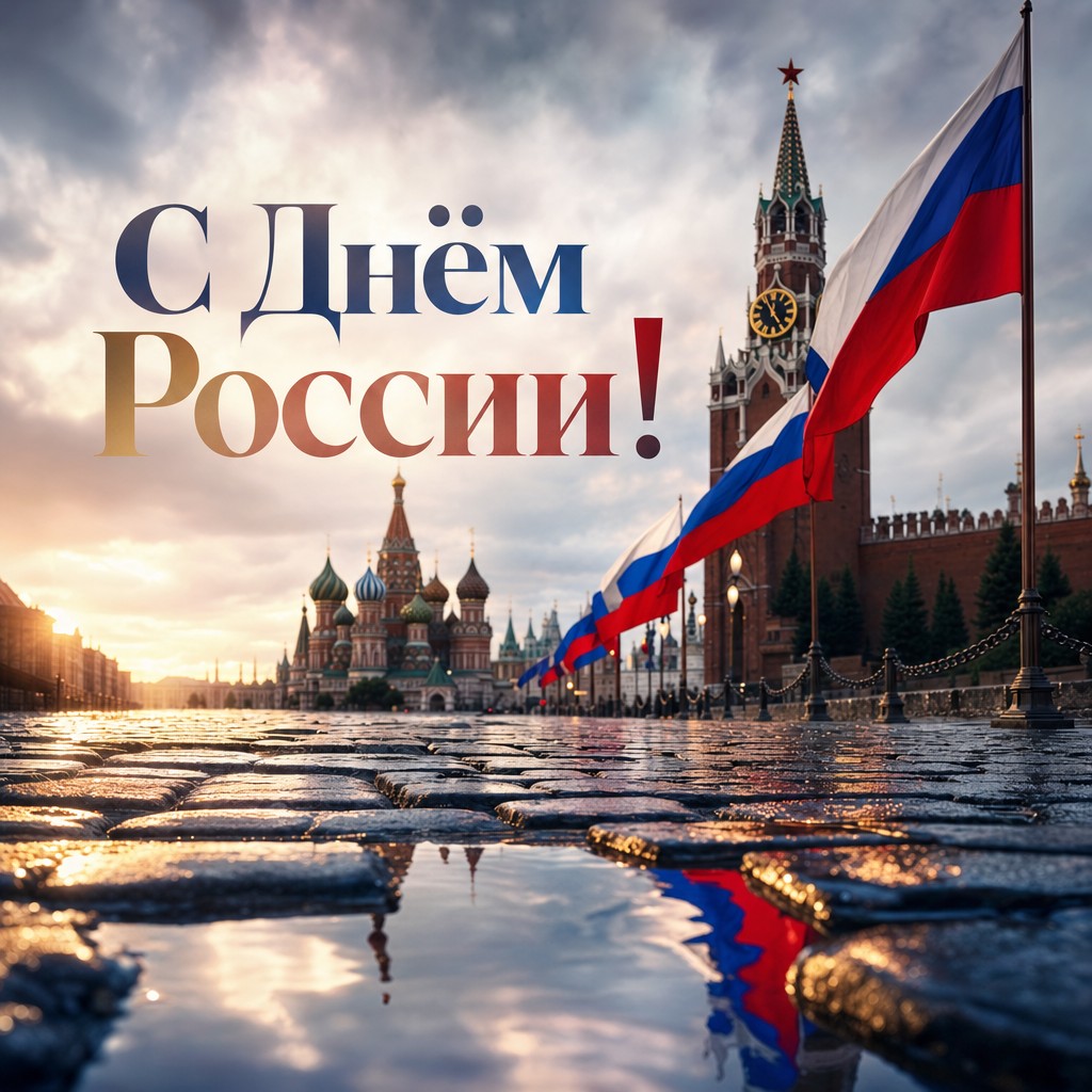 Стильная открытка ко Дню России с мокрой брусчаткой Красной площади и отражением праздничных цветов.