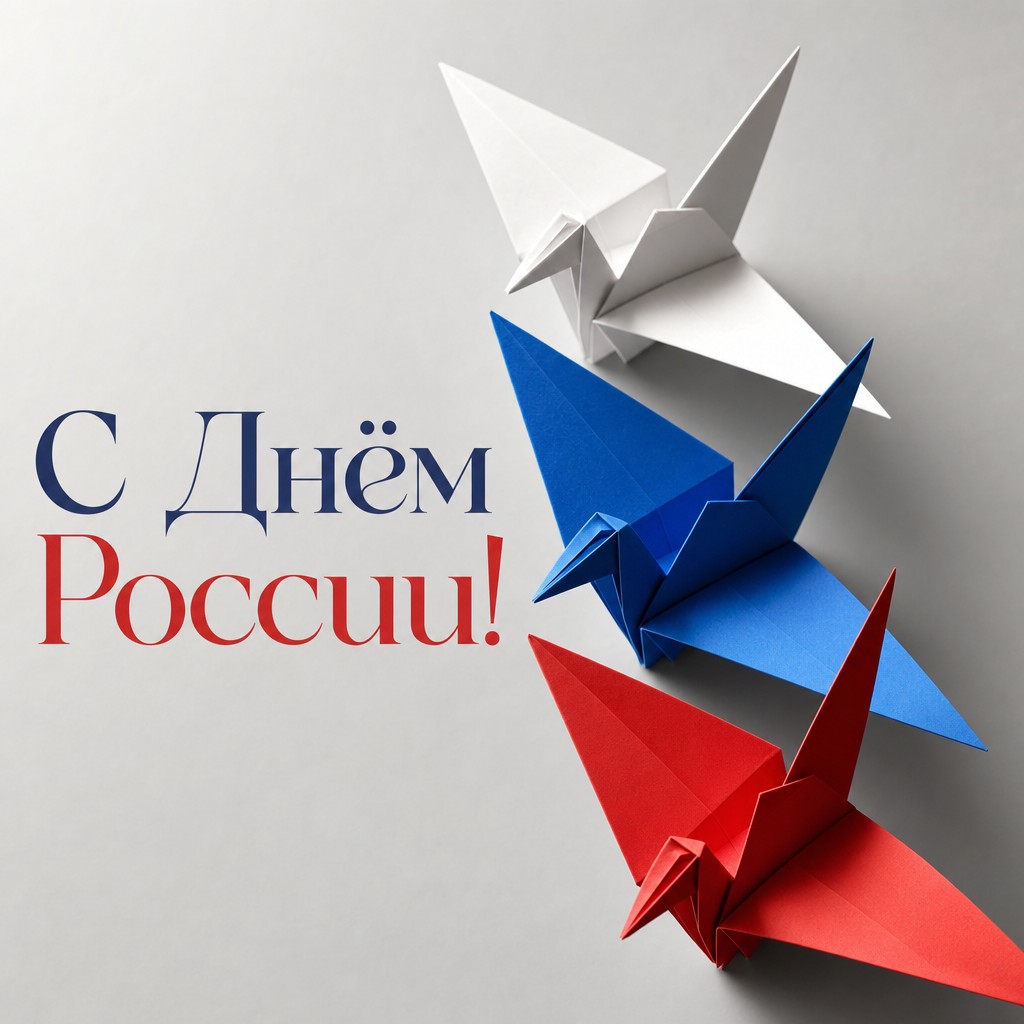 Лаконичная открытка ко Дню России с оригами-журавлями в белом, синем и красном цветах.