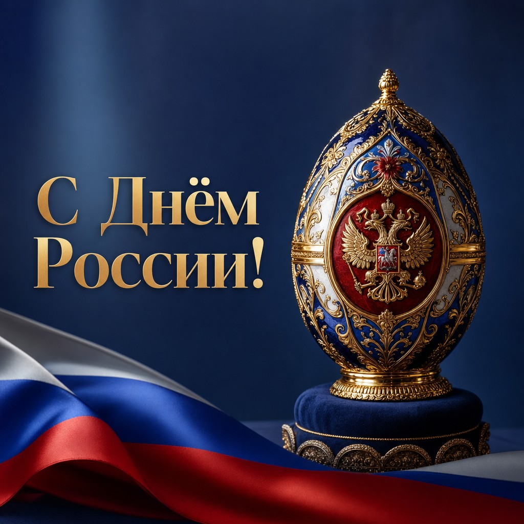 Изысканная открытка ко Дню России с декоративным фарфоровым яйцом, орнаментом и золотыми акцентами.