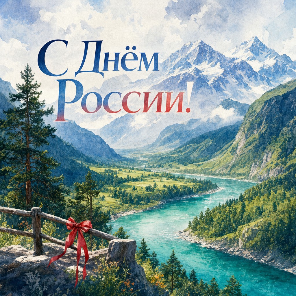 Пейзажная открытка ко Дню России с акварельными горами Алтая, рекой и светлой природной палитрой.