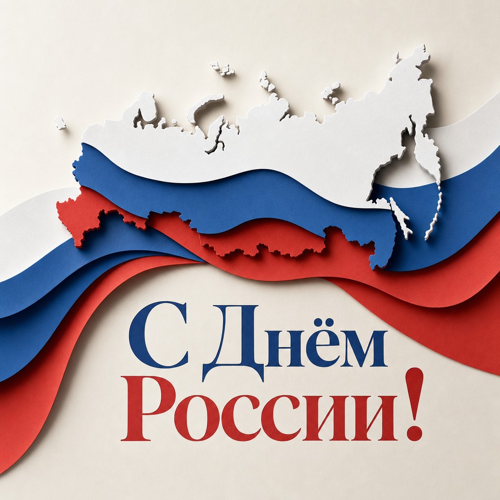 Лаконичная премиальная открытка ко Дню России с бумажным силуэтом карты в цветах триколора.