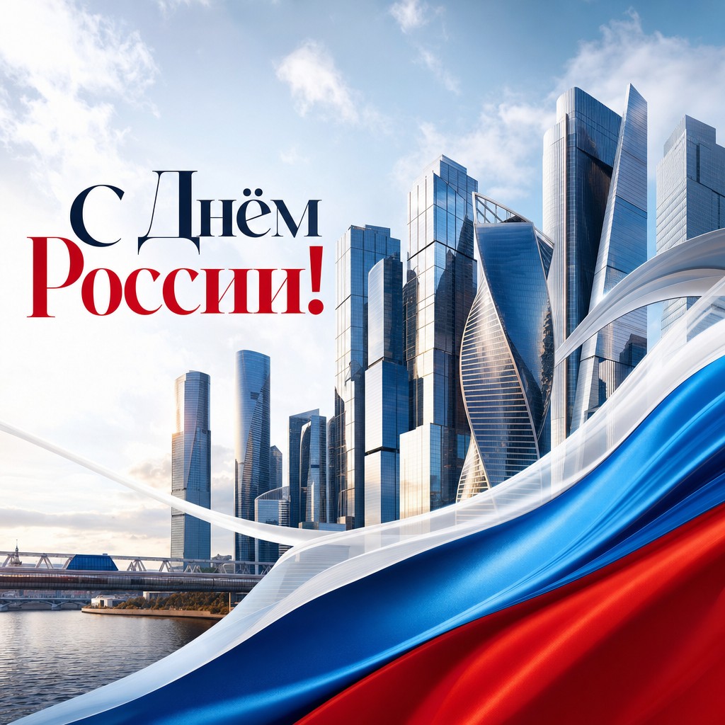 Современная открытка ко Дню России с геометричным силуэтом небоскрёбов Москва-Сити.