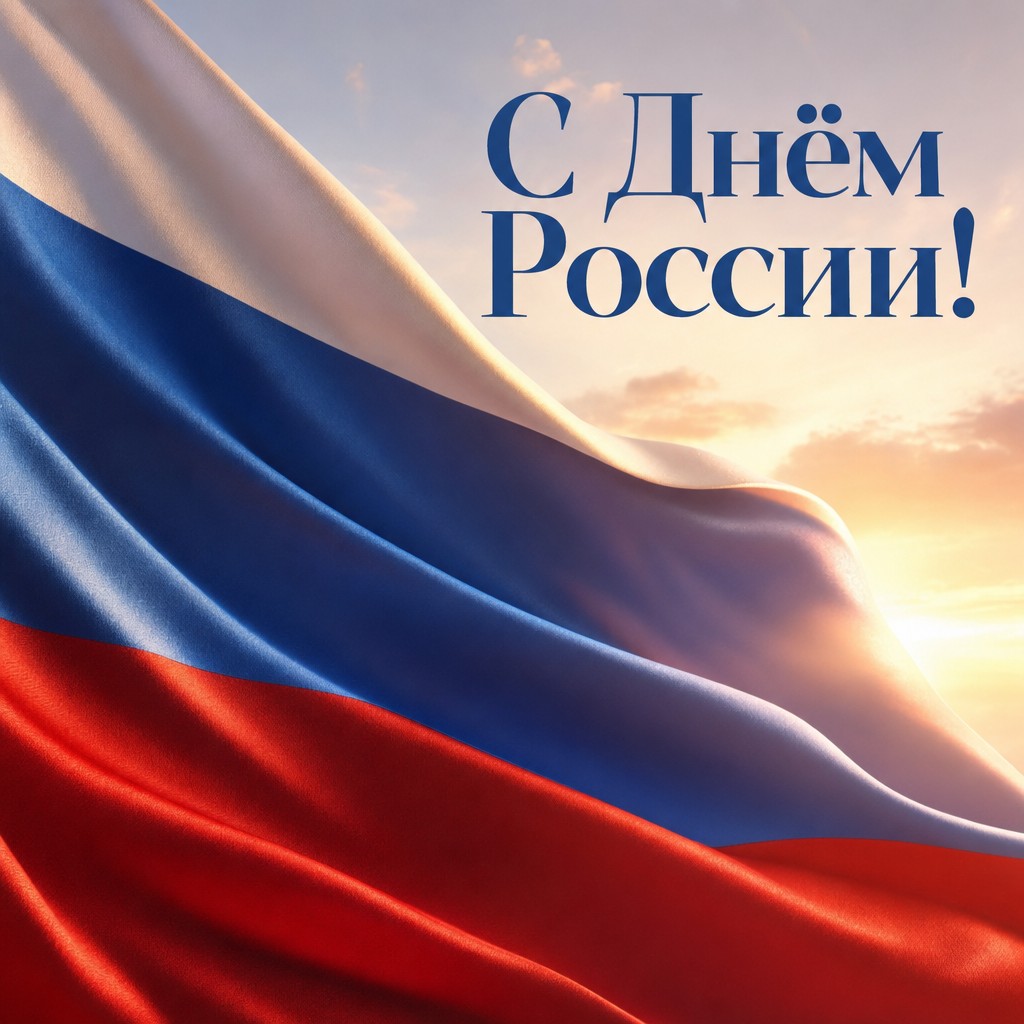 Премиальная открытка ко Дню России с шёлковым триколором в золотом свете рассвета.
