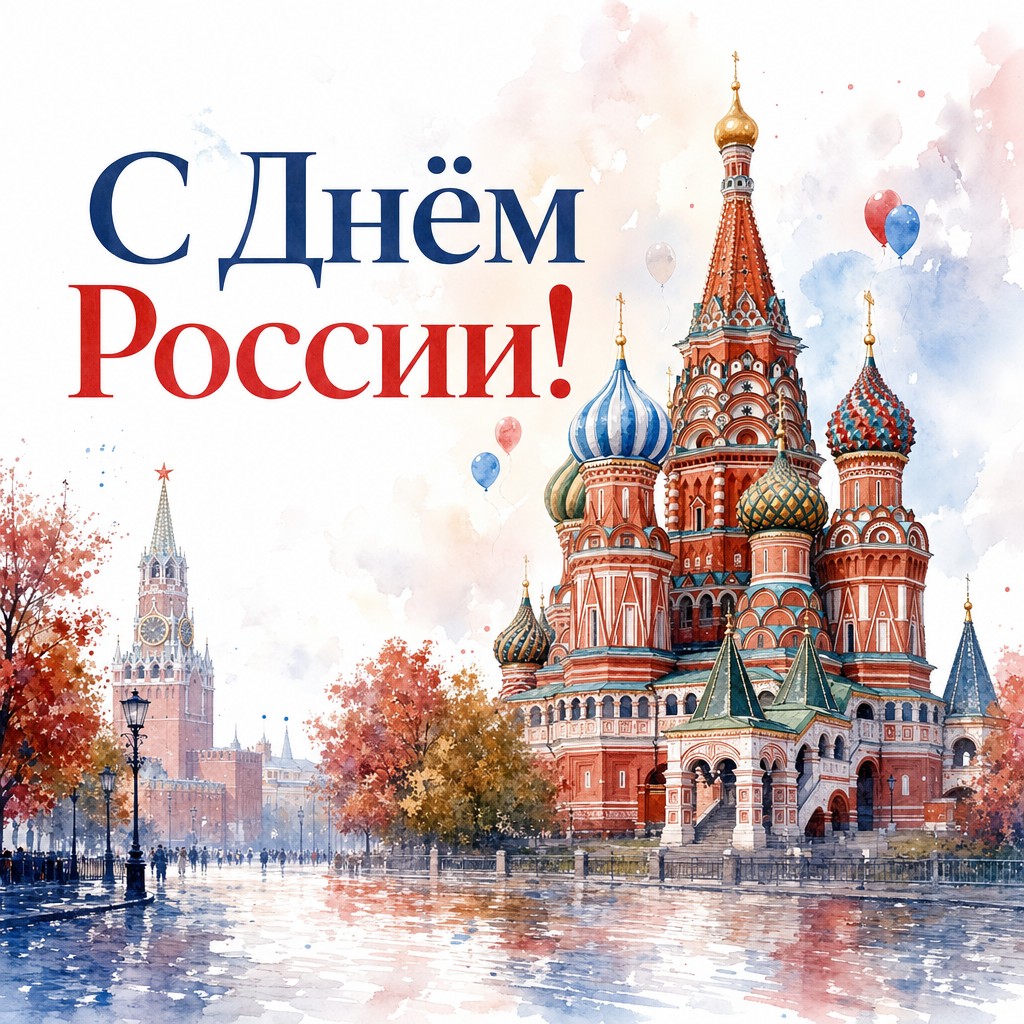 Нежная акварельная открытка ко Дню России с собором Василия Блаженного и праздничной палитрой.
