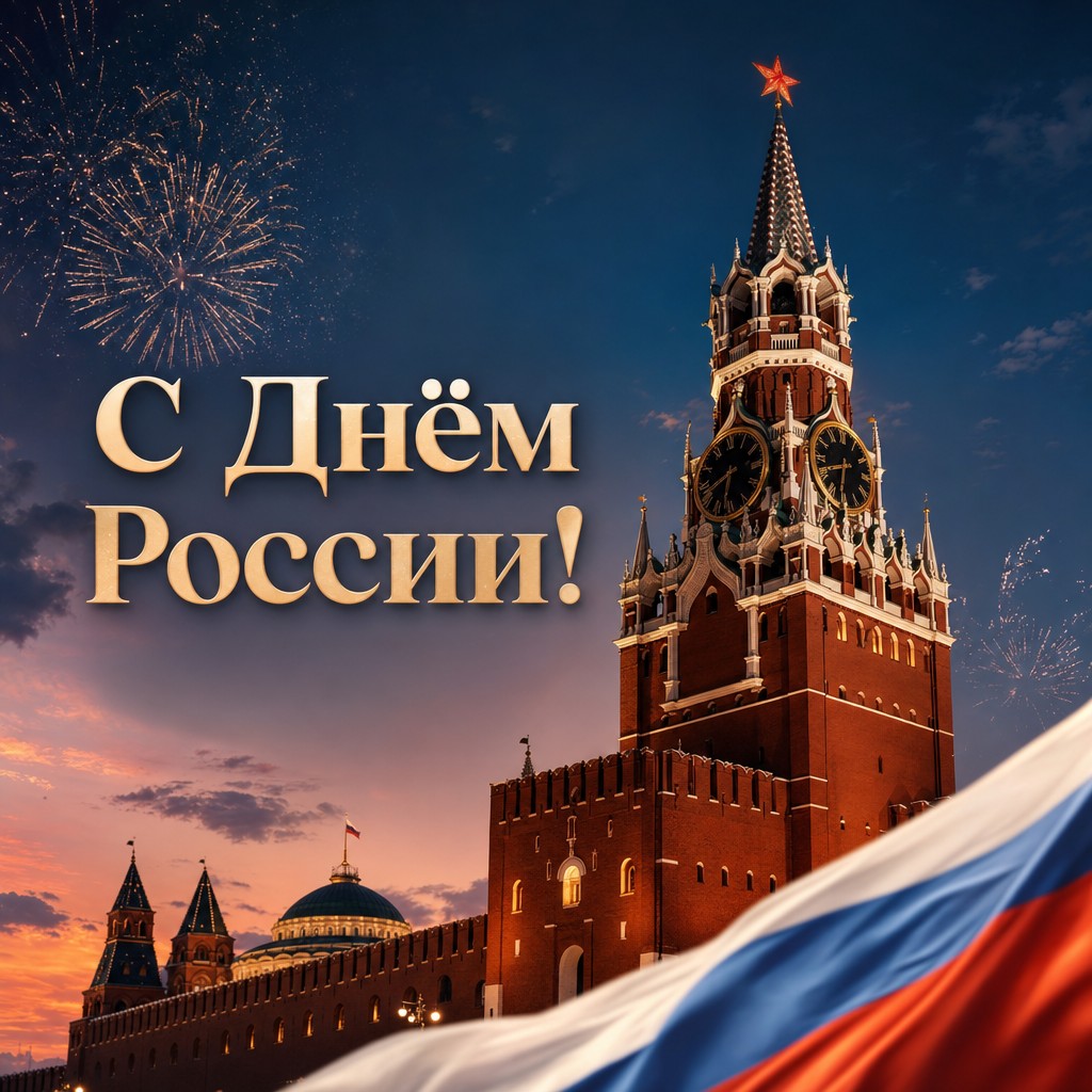 Торжественная открытка ко Дню России со Спасской башней Кремля и вечерним праздничным сиянием.