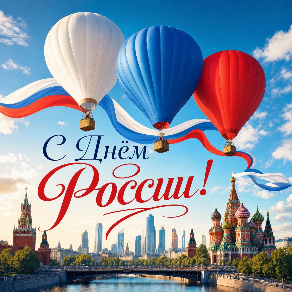 Яркая открытка ко Дню России с воздушными шарами в цветах триколора над летним городом.