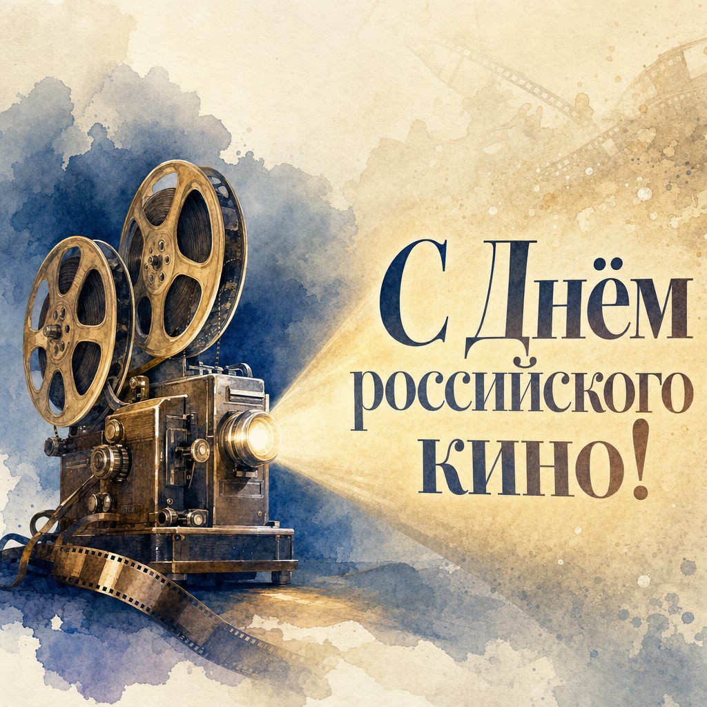 Ностальгическая акварельная открытка ко Дню российского кино со старым проектором и мягким лучом.