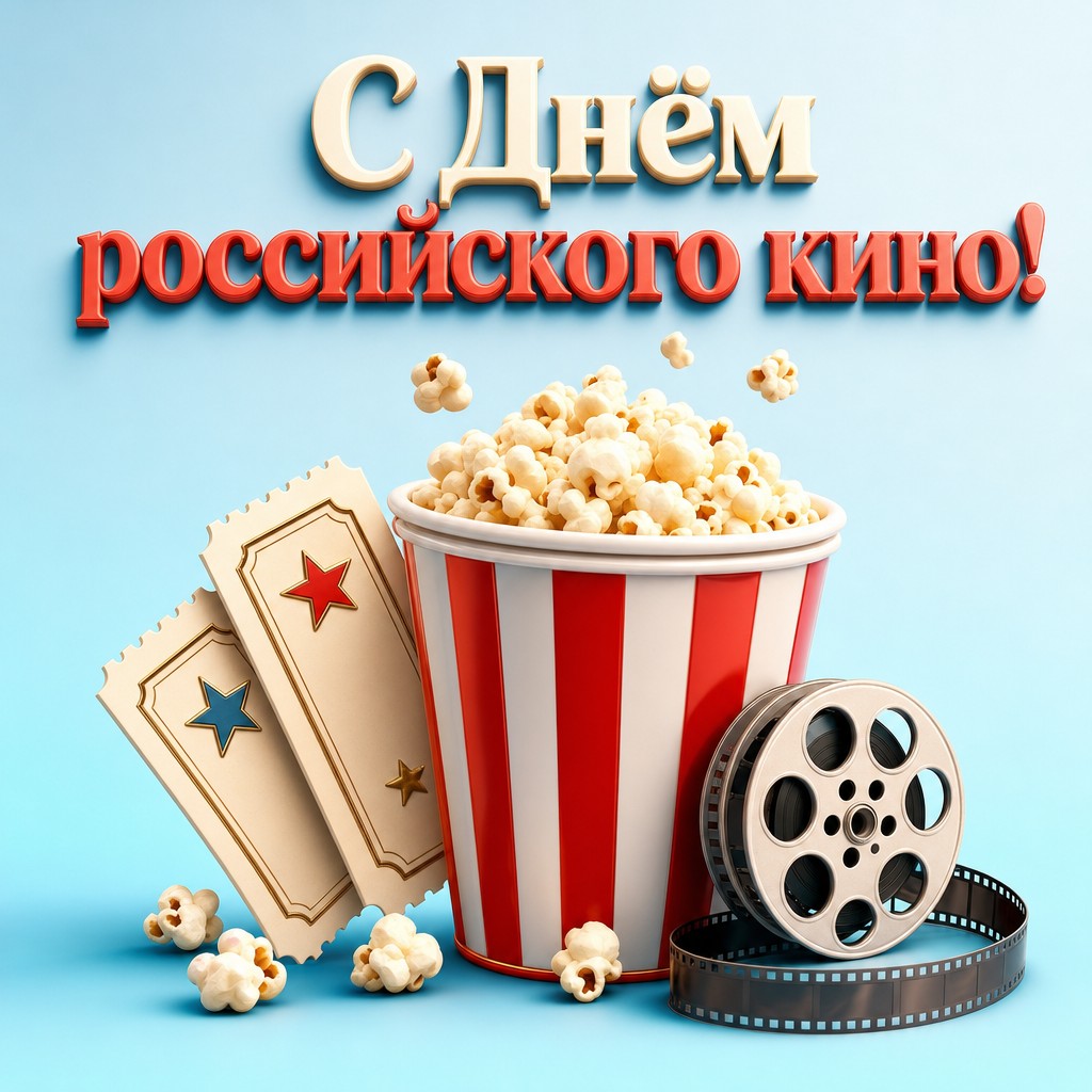 Праздничная 3D открытка ко Дню российского кино с попкорном, билетами и лёгким ярким настроением.