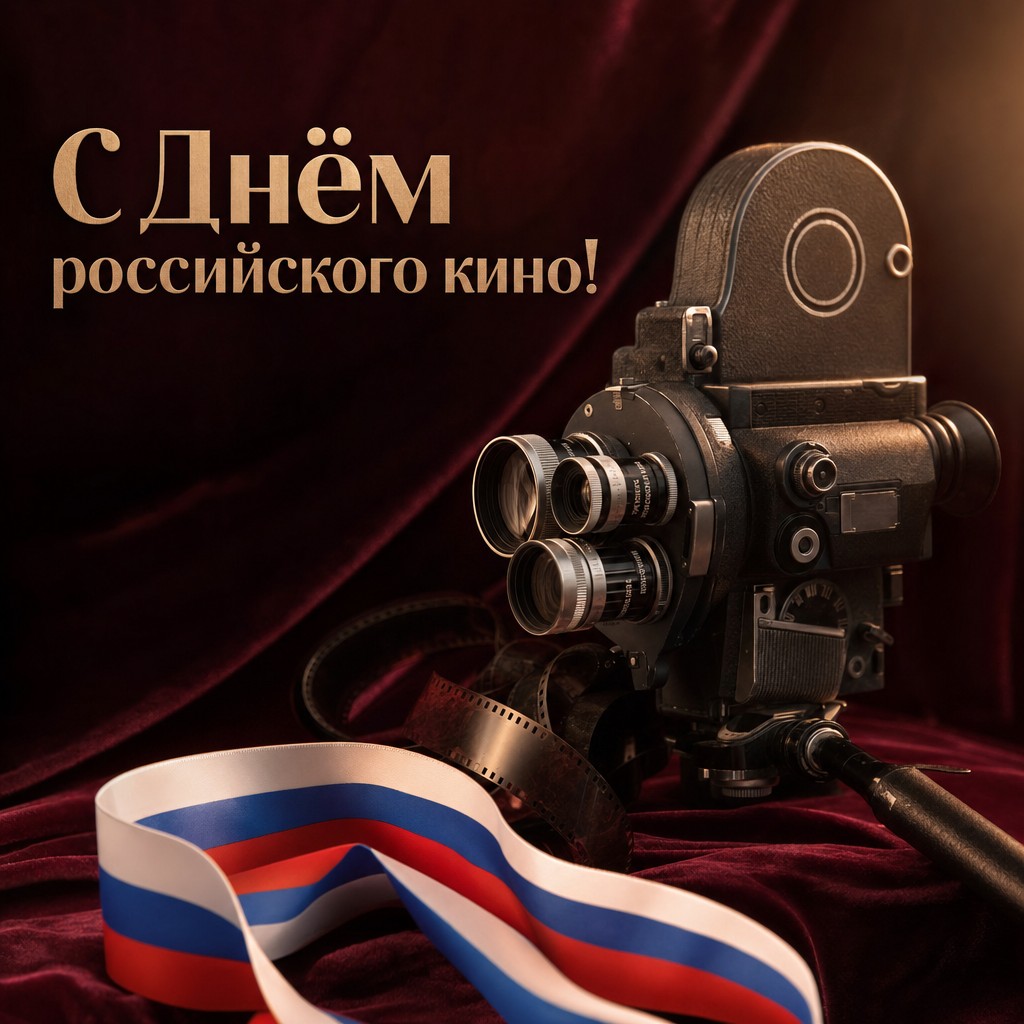 Премиальная открытка ко Дню российского кино с винтажной камерой, бархатом и тёплым золотым светом.