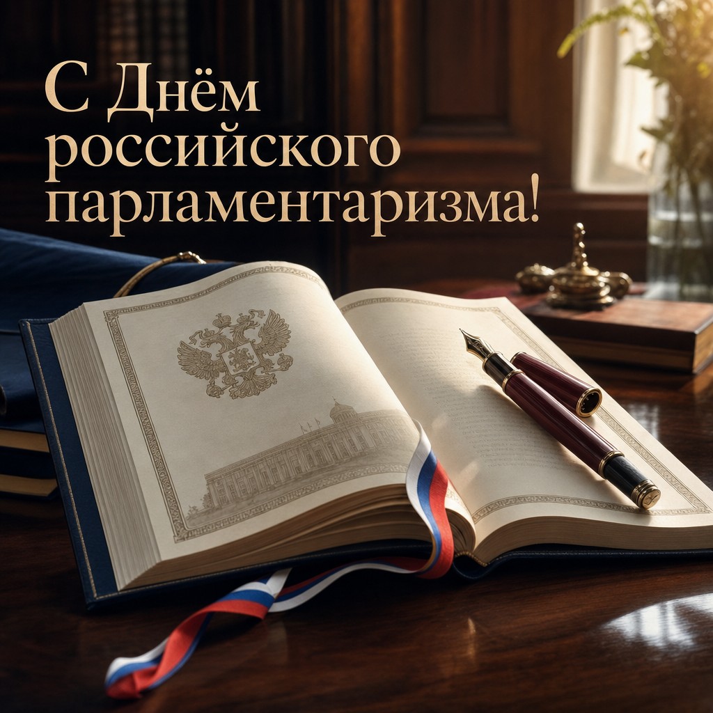 Премиальная открытка ко Дню российского парламентаризма с Конституцией, ручкой и торжественным светом.