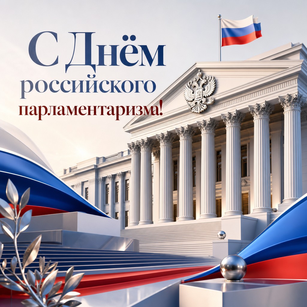 Современная 3D-открытка ко Дню российского парламентаризма с белыми колоннами парламентского здания.
