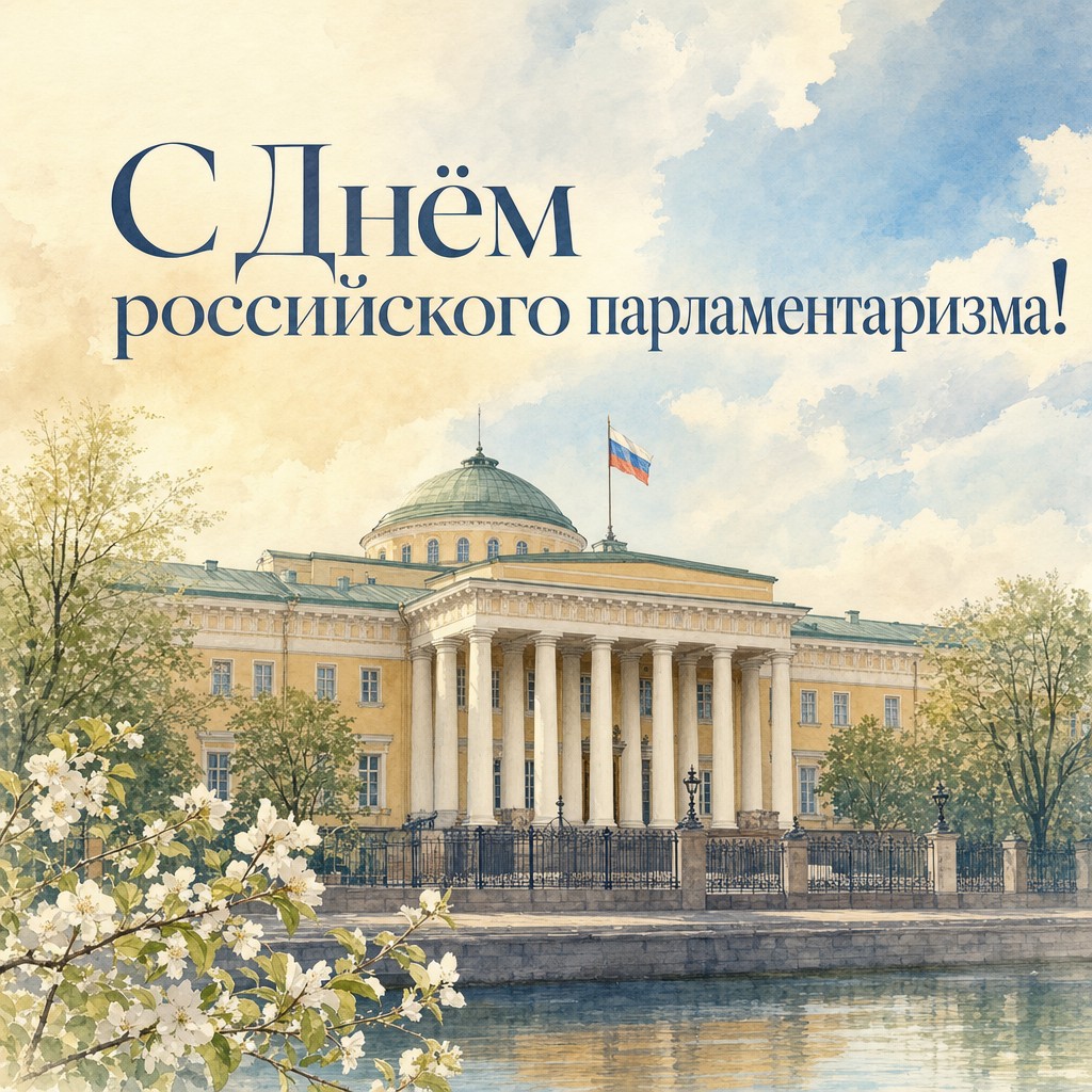 Акварельная открытка ко Дню российского парламентаризма с историческим Таврическим дворцом.
