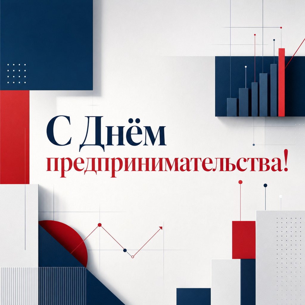 Современная деловая открытка ко Дню российского предпринимательства с графиками и строгой типографикой.
