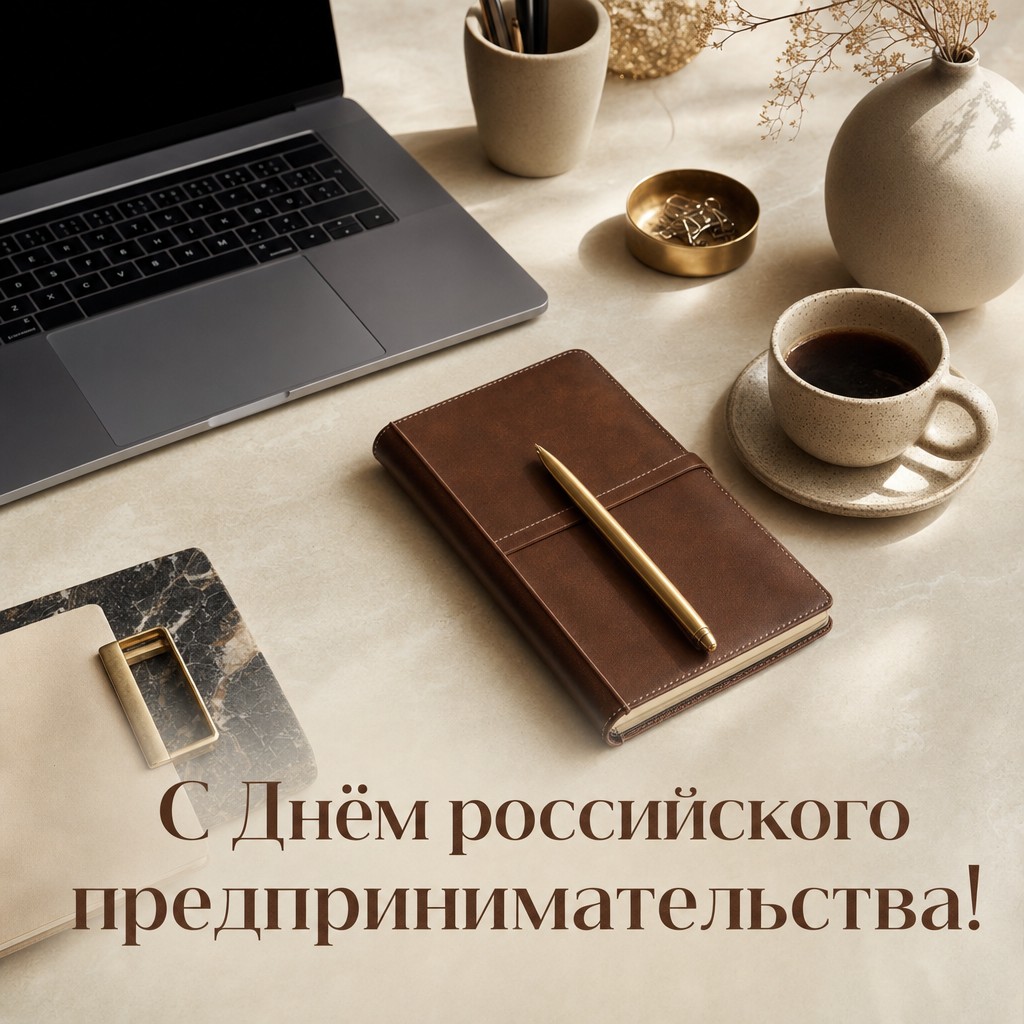 Стильная открытка ко Дню российского предпринимательства с деловым столом, ноутбуком и кофе.