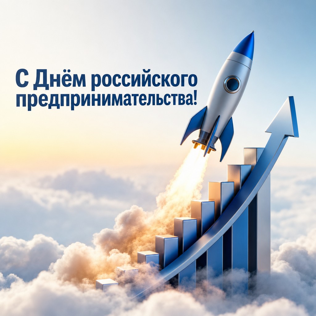 Яркая открытка ко Дню российского предпринимательства с 3D ракетой и графиком роста бизнеса.