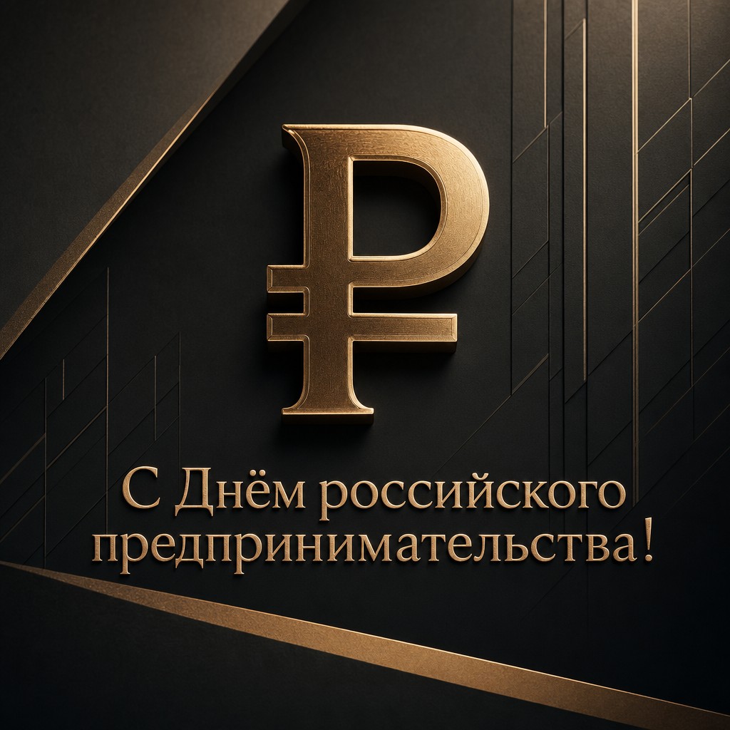 Премиальная открытка ко Дню российского предпринимательства с золотым символом рубля на чёрном фоне.