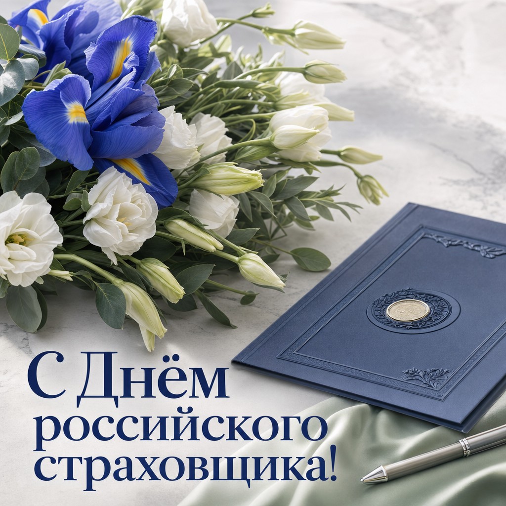 Элегантная цветочная открытка ко Дню российского страховщика с синими ирисами и сертификатом.
