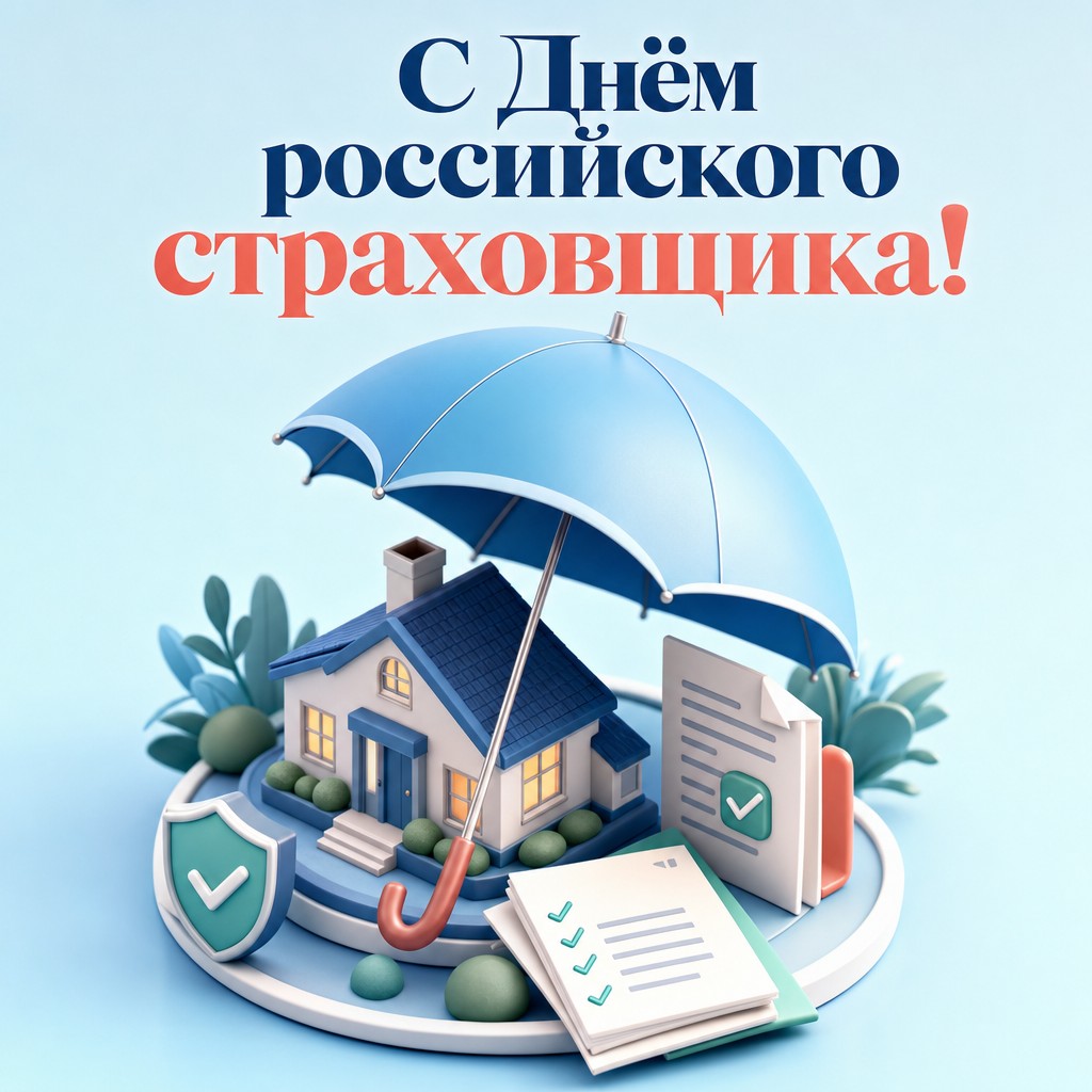 Дружелюбная 3D открытка ко Дню российского страховщика с домом под защитным зонтом.
