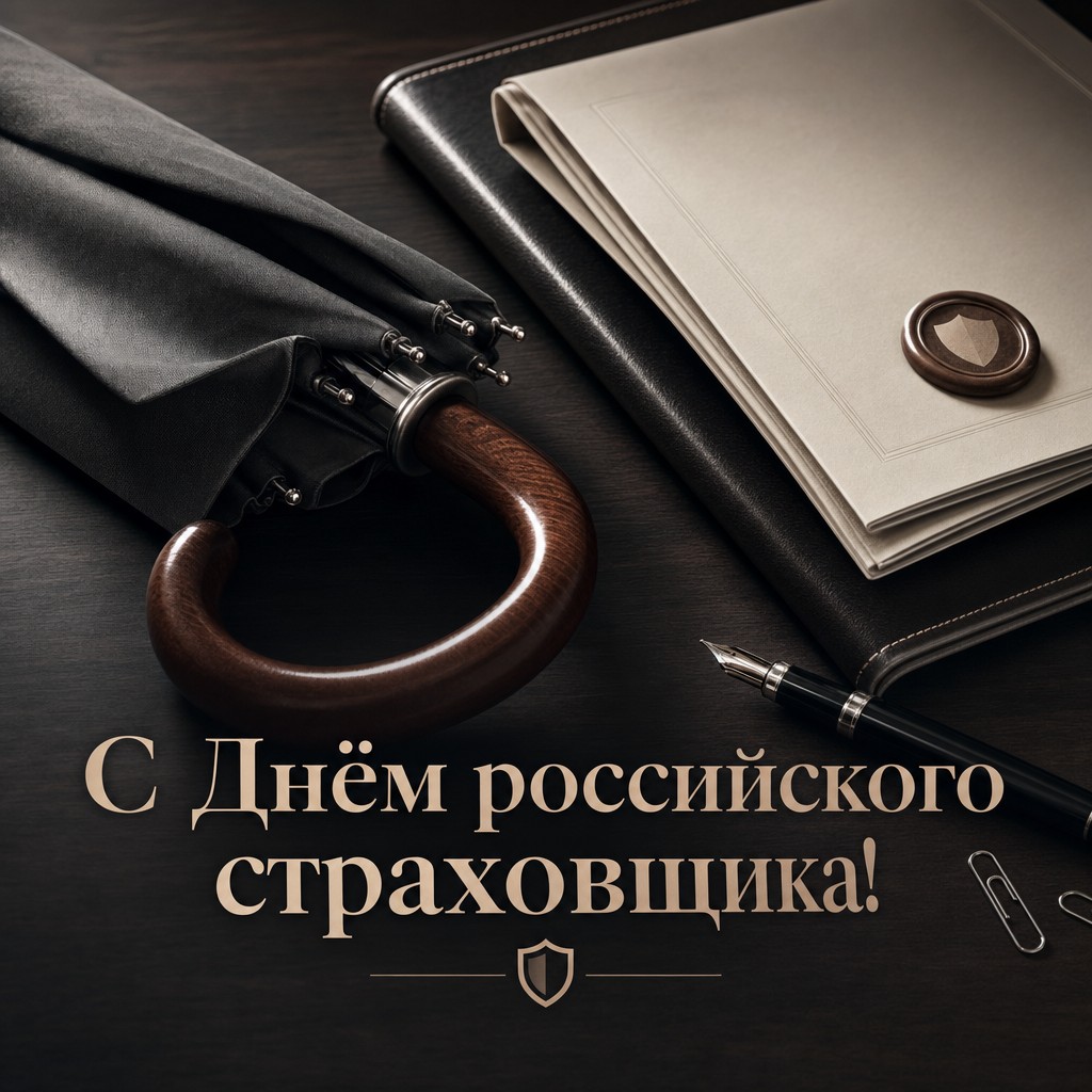 Стильная открытка ко Дню российского страховщика с полисом, зонтом и ручкой в премиальной деловой эстетике.