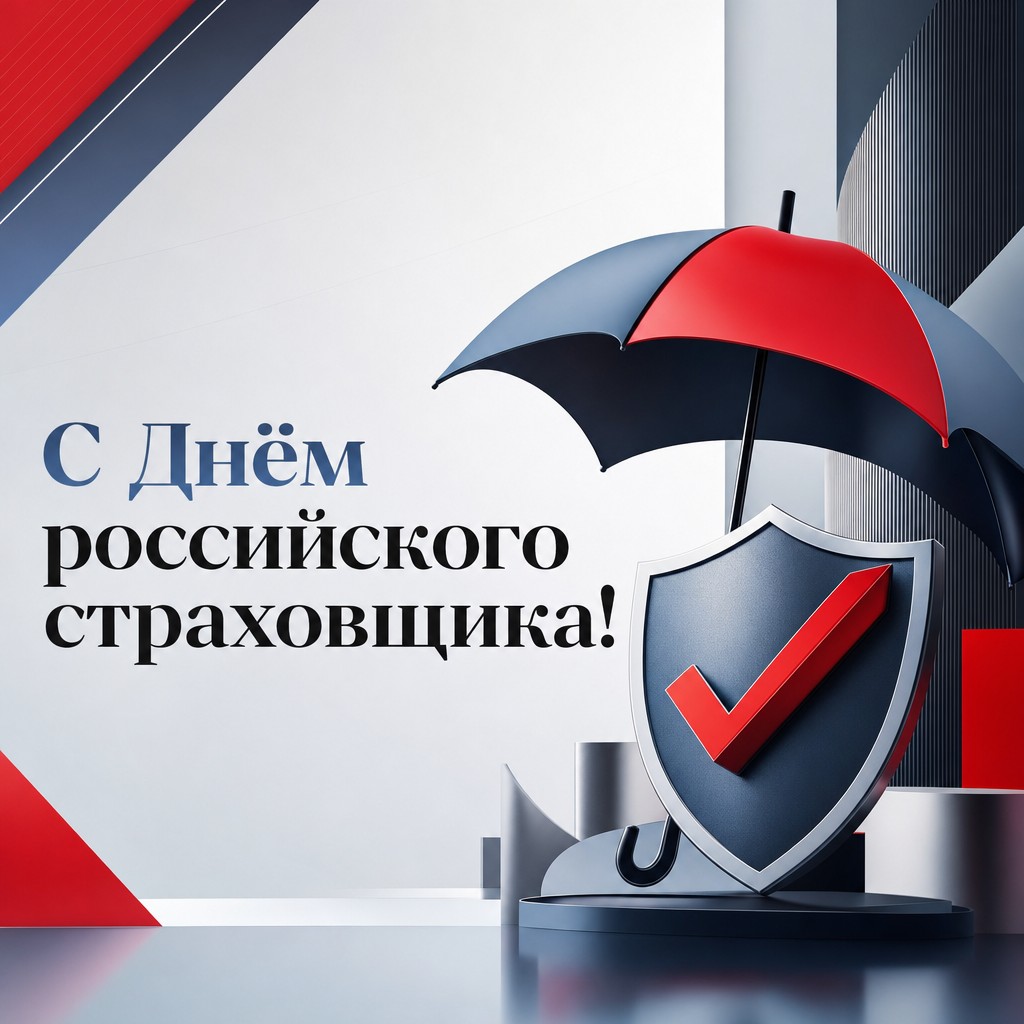 Современная открытка ко Дню российского страховщика с графичным зонтом и символом защиты.
