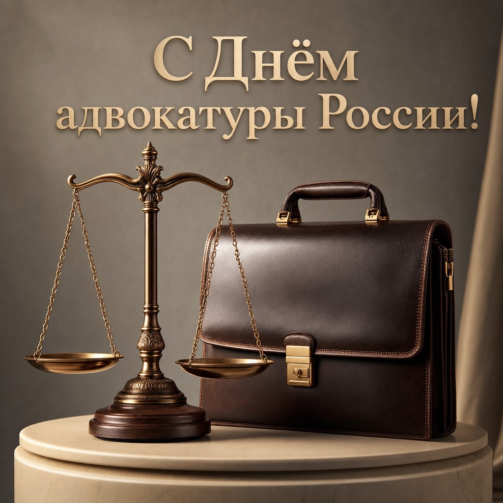 Современная 3D-открытка ко Дню российской адвокатуры с весами правосудия и кожаным портфелем.