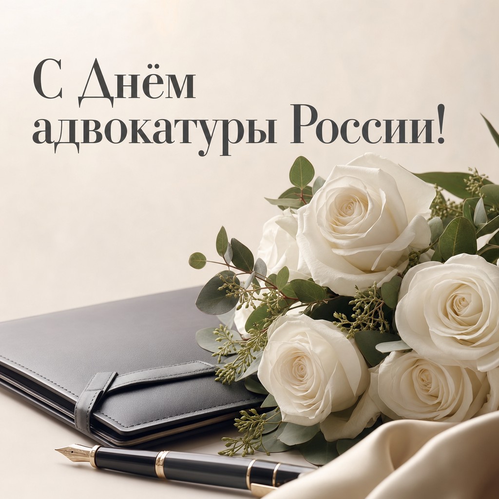 Нежная открытка на День российской адвокатуры с белыми розами, папкой и ручкой для элегантного поздравления.