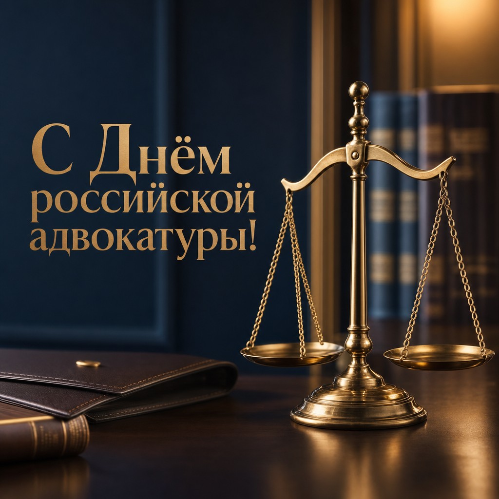 Премиальная открытка ко Дню российской адвокатуры с латунными весами правосудия и строгой деловой атмосферой.