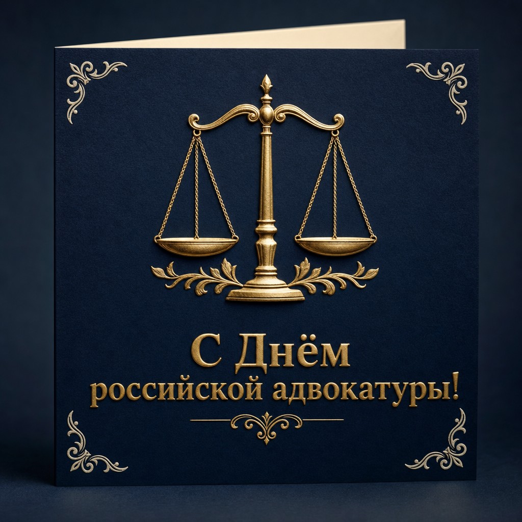 Статусная открытка ко Дню российской адвокатуры с золотым тиснением весов на тёмно-синей бархатной бумаге.