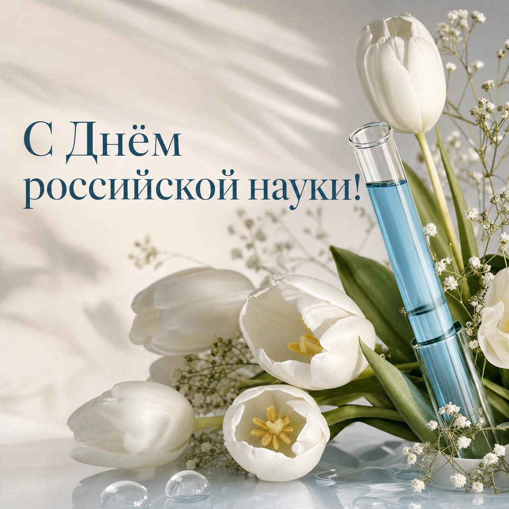Нежная открытка ко Дню российской науки с белыми тюльпанами и пробиркой в светлой реалистичной стилистике.