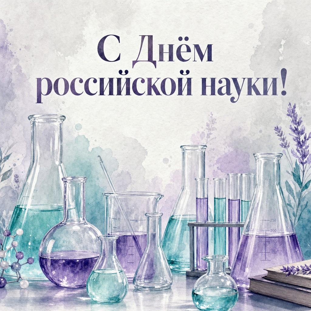 Нежная акварельная открытка ко Дню российской науки с колбами, мензурками и прозрачными пастельными оттенками.