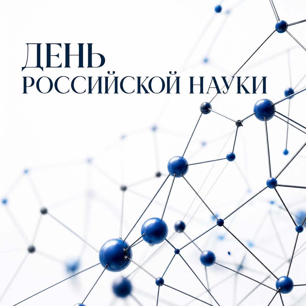 Современная открытка ко Дню российской науки с графичной молекулярной схемой и чистой минималистичной композицией.