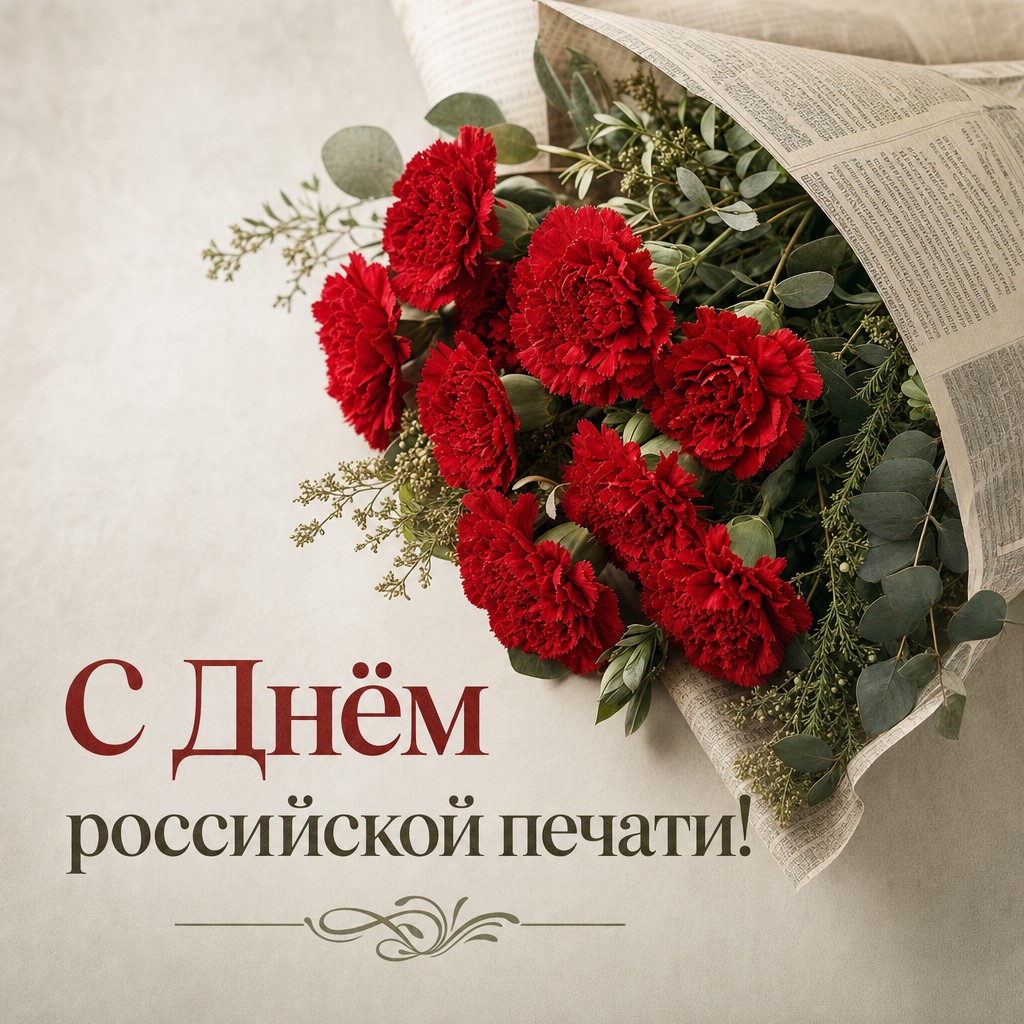 Тёплая открытка на День российской печати с реалистичным букетом красных гвоздик в газетной обёртке.