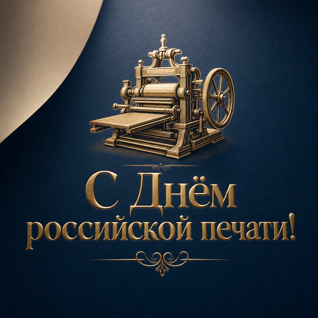 Премиальная открытка на День российской печати с золотым винтажным печатным станком на глубоком синем фоне.