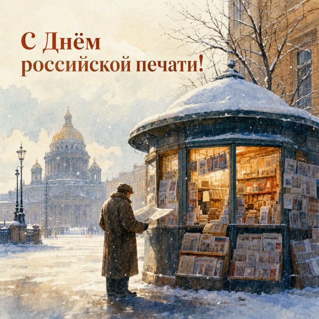 Уютная акварельная открытка на День российской печати с зимним газетным киоском и мягким снегом.