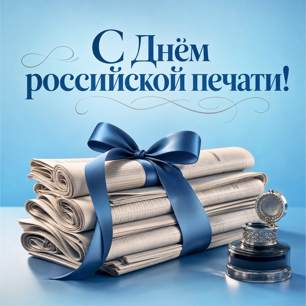 Стильная 3D-открытка на День российской печати со стопкой газет, лентой и классической чернильницей.