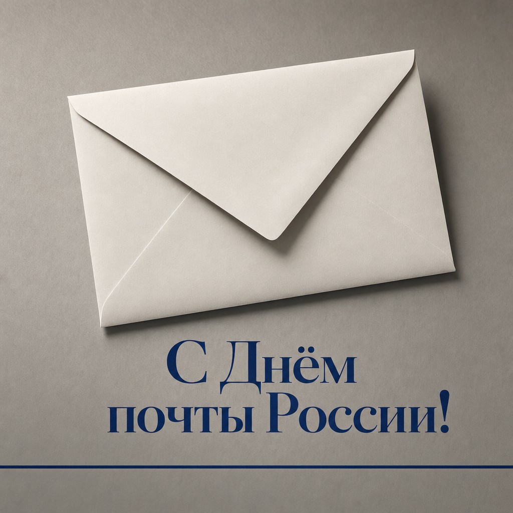 Минималистичная открытка ко Дню российской почты с белым конвертом и премиальной бумажной фактурой.