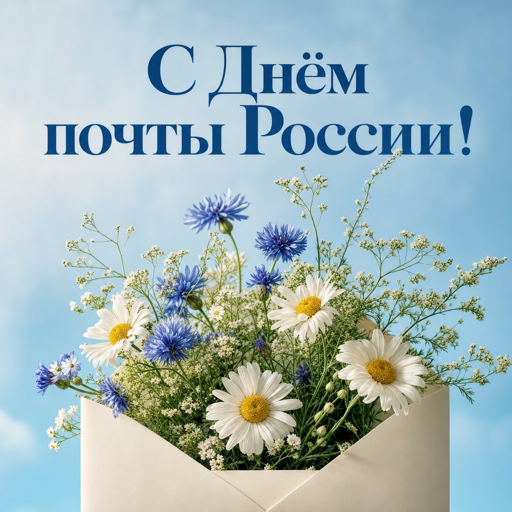 Нежная открытка ко Дню российской почты с конвертом и свежими ромашками в светлой палитре.