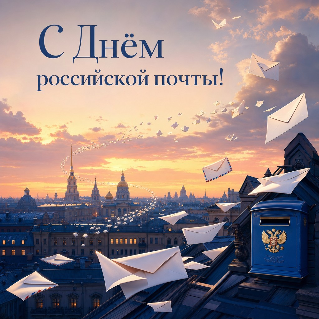 Атмосферная открытка ко Дню российской почты с летящими конвертами над вечерним городом.
