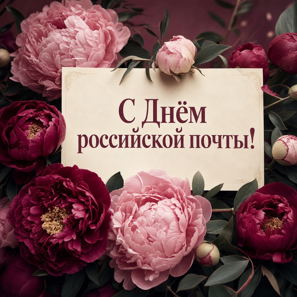 Элегантная цветочная открытка ко Дню российской почты с пионами и почтовой карточкой.