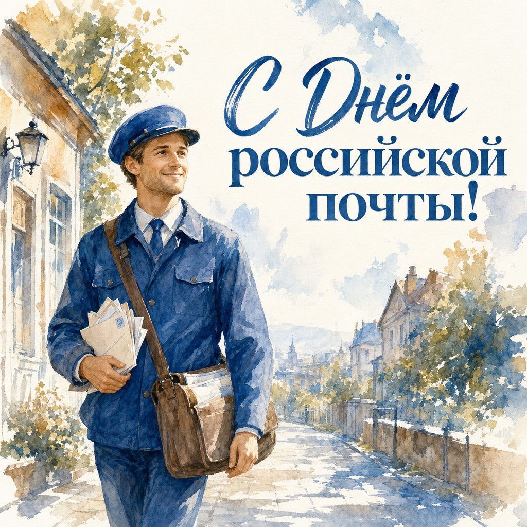 Тёплая акварельная открытка ко Дню российской почты с почтальоном и почтовой сумкой.