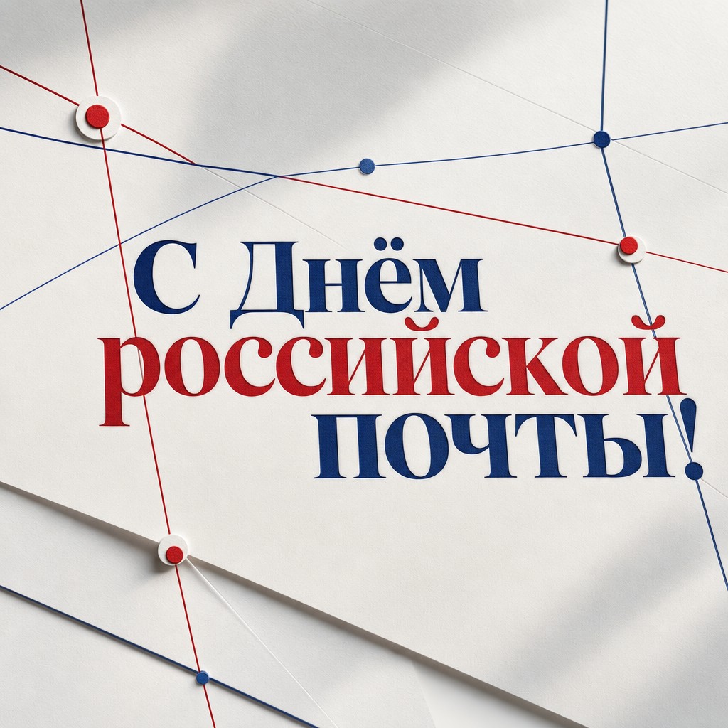 Современная открытка ко Дню российской почты с графикой почтовых маршрутов в бело-сине-красной палитре.