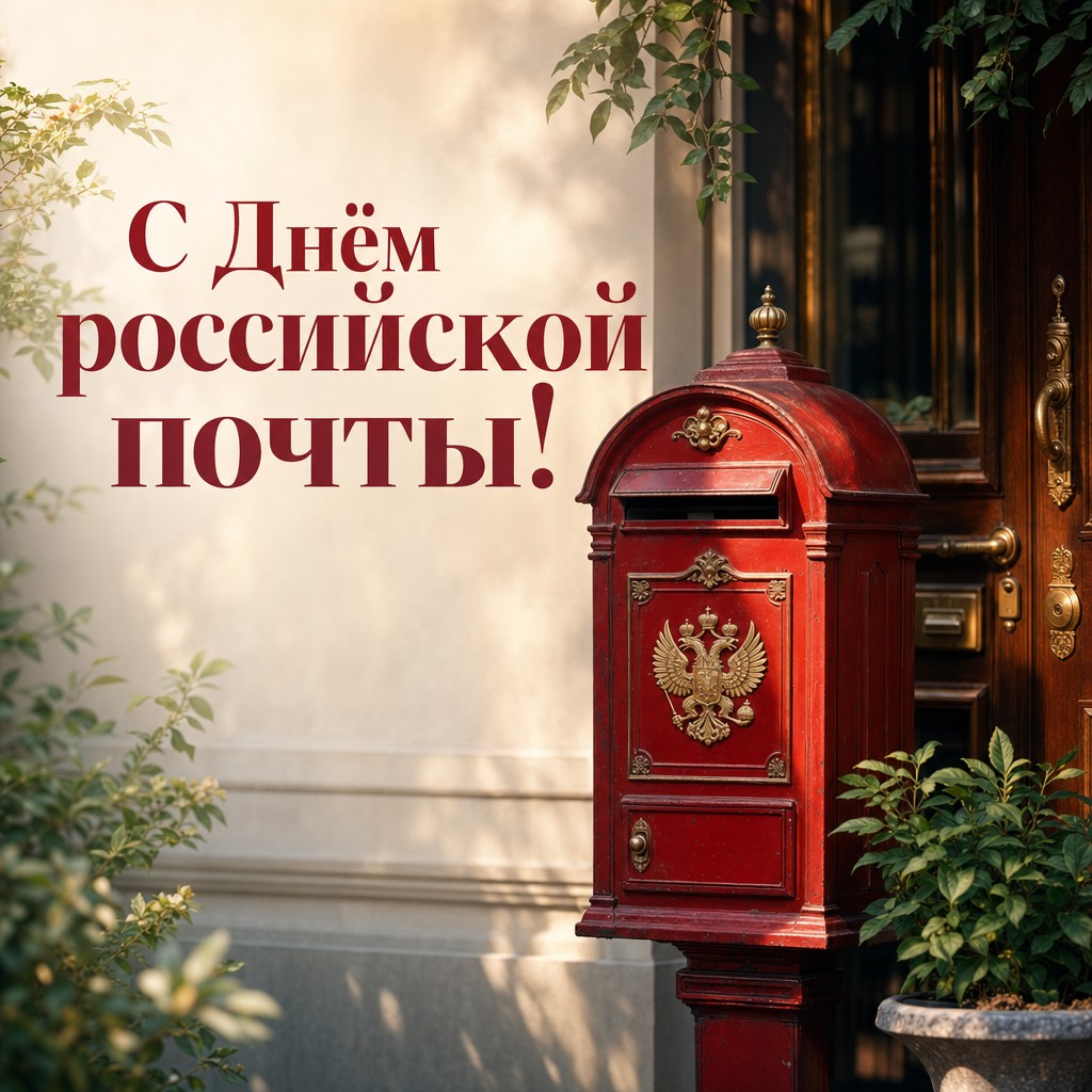 Премиальная открытка ко Дню российской почты с винтажным красным почтовым ящиком у уютной двери.