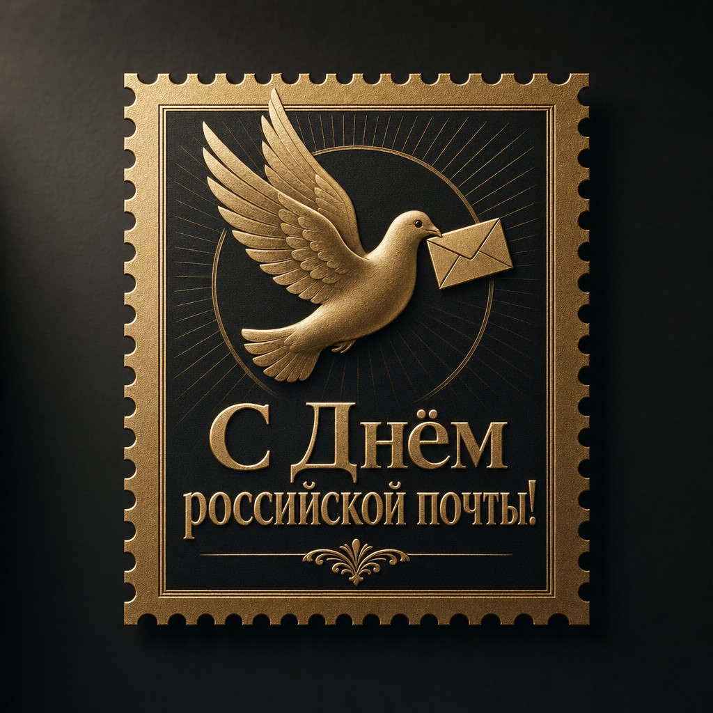 Стильная премиальная открытка ко Дню российской почты с золотой почтовой маркой на чёрном фоне.